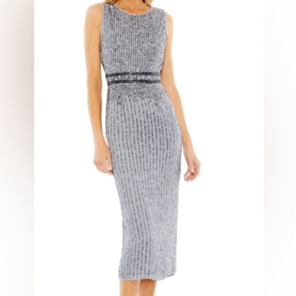 Mac Duggal Sleeveless Beaded Midi Sheath Dress In Platinum size 10 NWT'S